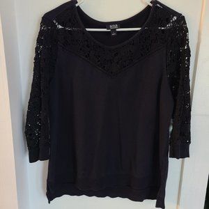 ANA 3/4 Sleeve Black Sweatshirt with Lace Crochet